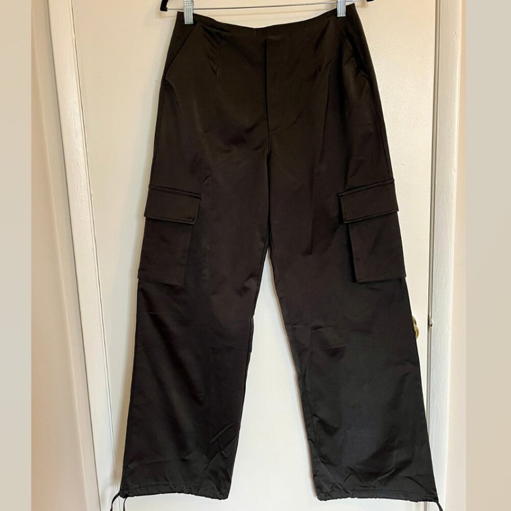 NIA The Brand Palisades Black Satin Cargo Pants Adjustable Hem Size M